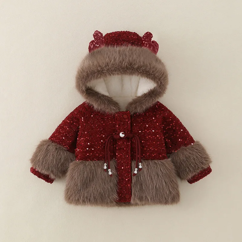 

2025 Girls' Winter New Fashionable Thickened Splicing Hairy Hoodie for Cold Protection and Festival Atmosphere Coat