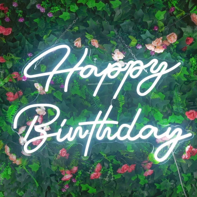 HancraStore Happy Birthday Neon Sign - Large Happy Birthday Light Up Sign Wall with 6V Power Adapter (23.6 x15.7 inches,White)