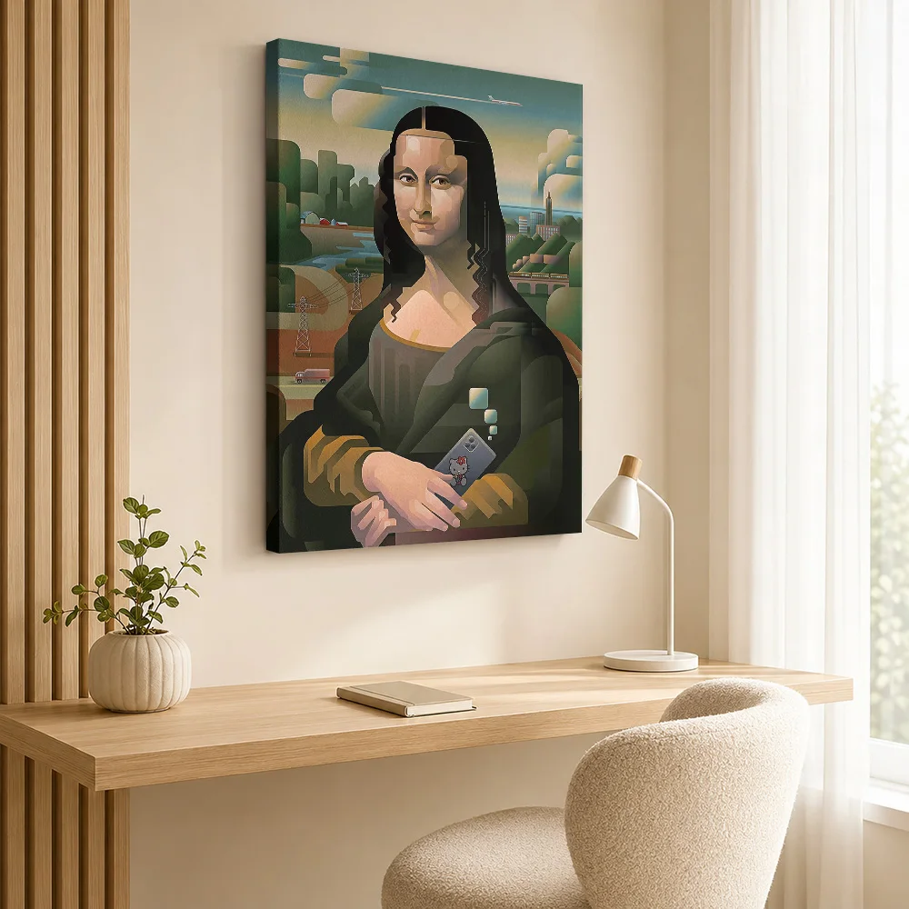 Mona Lisa with Smartphone and Modern Landscape Canvas Painting Poster Personalized Travel Landscape Wall Art for Bedroom Decor