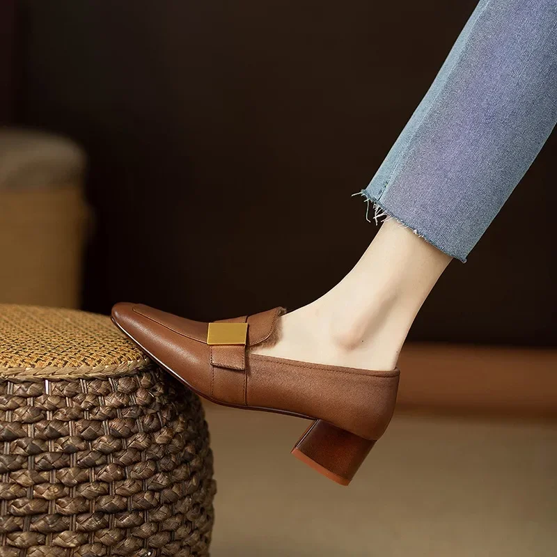 

2025 New Leather Women Fashion Pumps Square Toe Thick Heel Mary Jean Shoes Slip on Elegant Temperament Daily Shoes Handmade