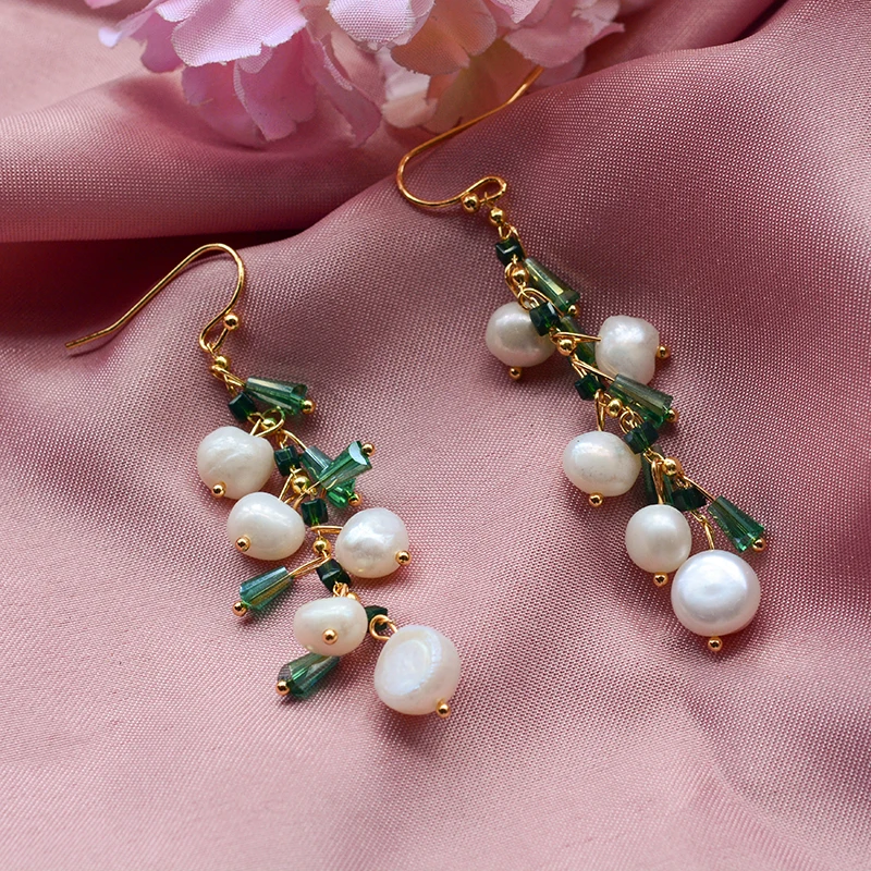 

New Arrival Trendy Green Crystal & Natural Freshwater Pearl 14K Gold Filled Female Tassels Drop Earrings Jewelry For Women Gifts