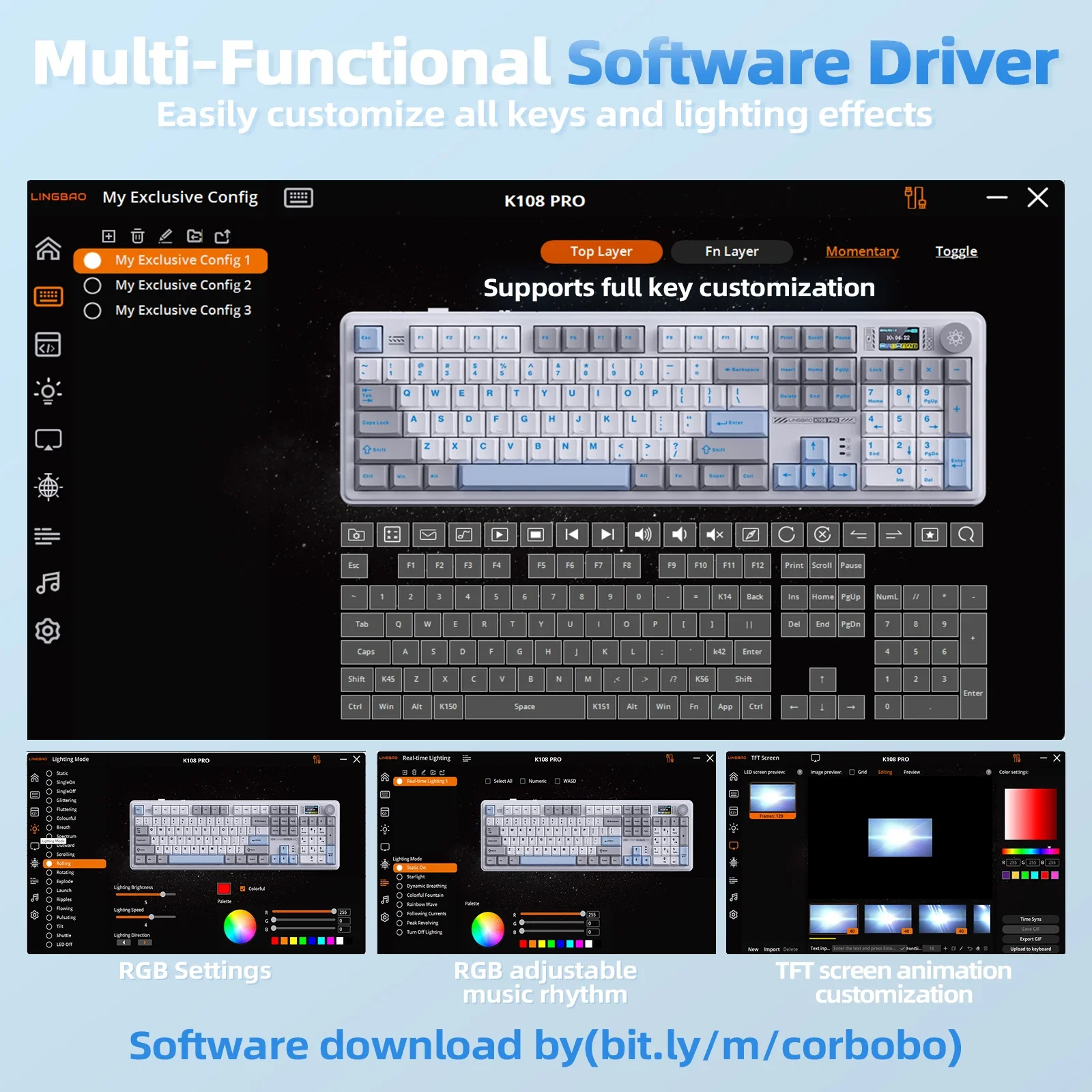 LINGBAO K108pro Mechanical Keyboard Tri-mode Korean Letters Macaron Color PBT Keycap 10000mAh Large Battery for Computers for PC