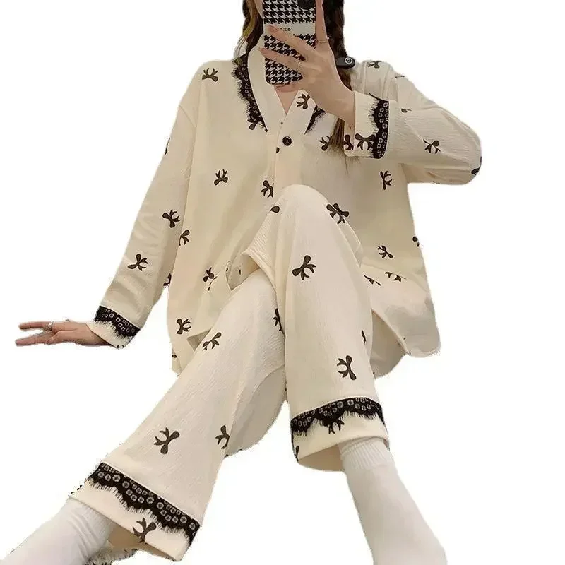 Рубашка Брюки Ночная рубашка Пижамы с v-образным вырезом Пижамы Кружевной комплект для сна Весенняя женская одежда для сна с рукавами Пижамный костюм Длинный комплект нижнего белья