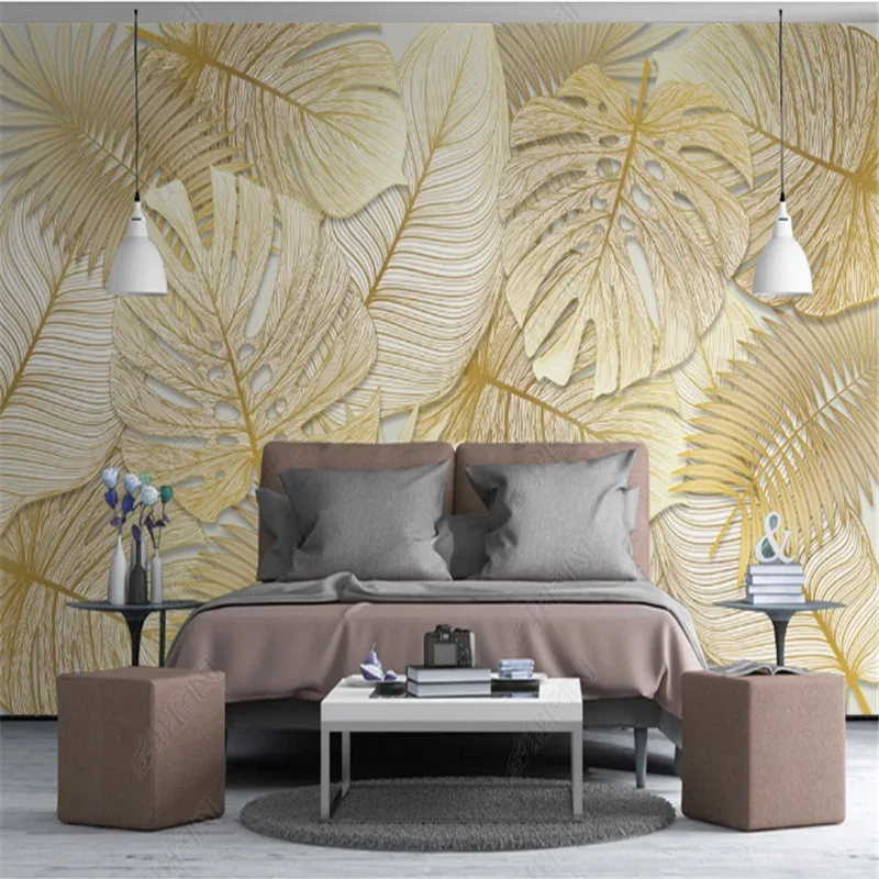 

Elegant Tropical Rain Forest Wallpaper for Living Room Golden Banana Leaf Pastoral TV Background Wall Papers Home Decor Mural