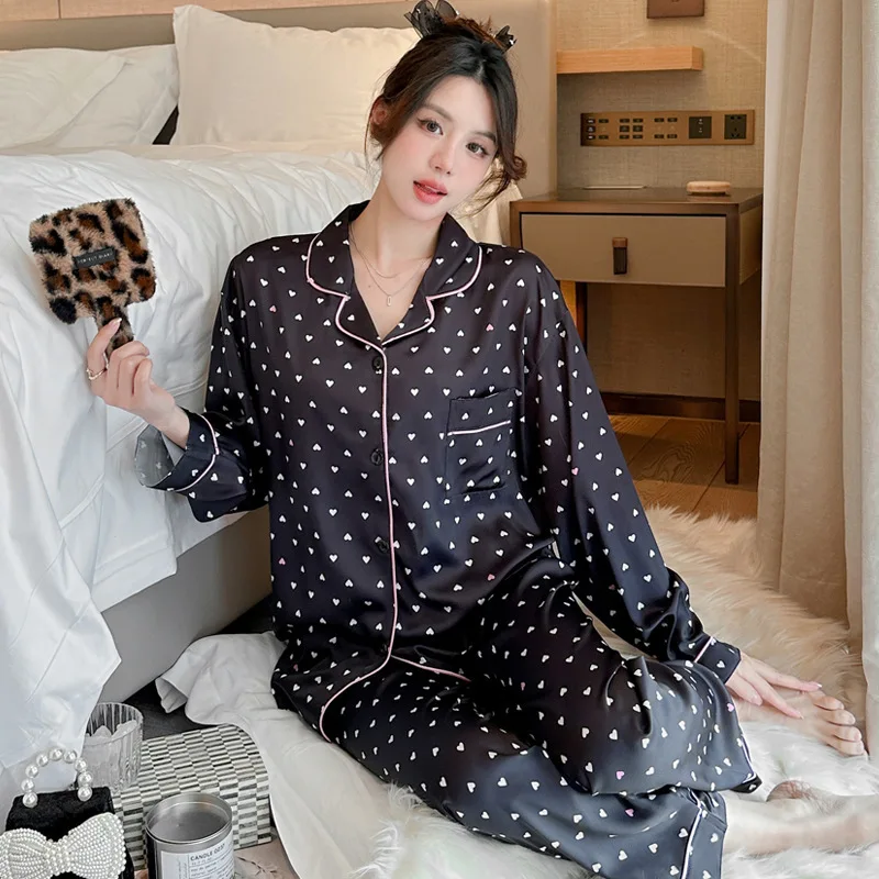 New Ice Silk High-End Fashion Lapel Pajamas for Women, Long Sleeve and Long Pants, Small Heart Homewear Lingerie Set