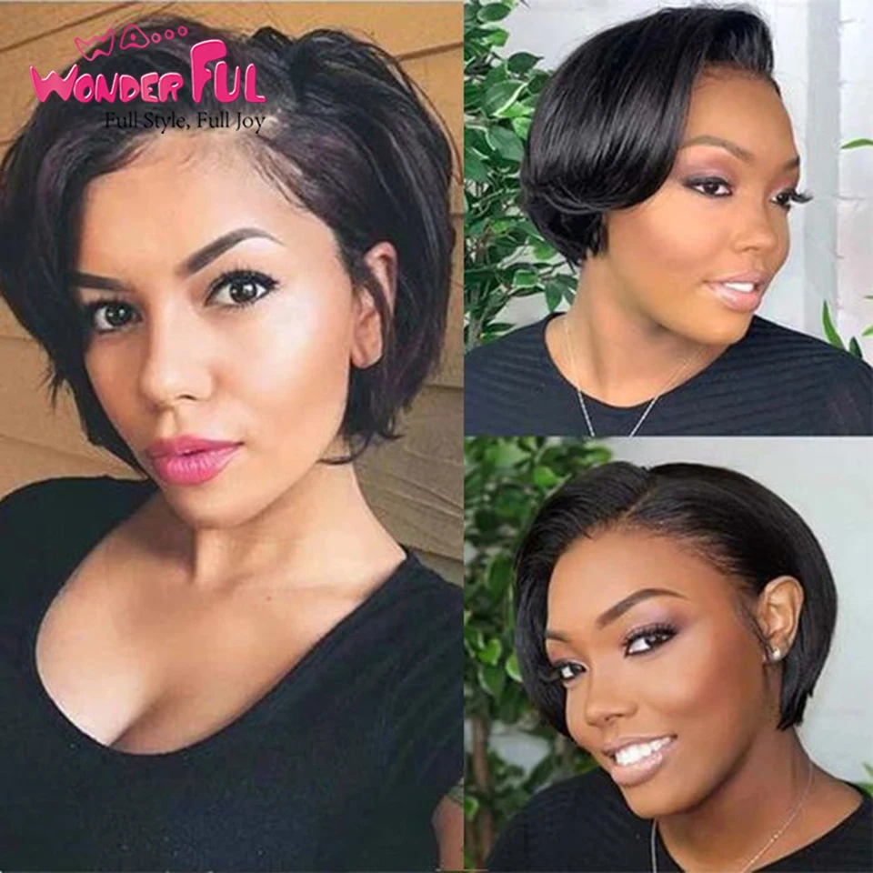 Pelucas de cabello humano de encaje de corte Pixie corto, pelo Remy brasileño liso Bob para mujeres negras con raíz negra, pelucas de encaje cortas para mujer