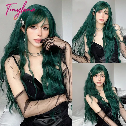 Pelucas sintéticas onduladas verdes y rizadas largas con flequillo para mujer, pelucas coloridas de Cosplay verdes, pelo falso Natural de Navidad resistente al calor