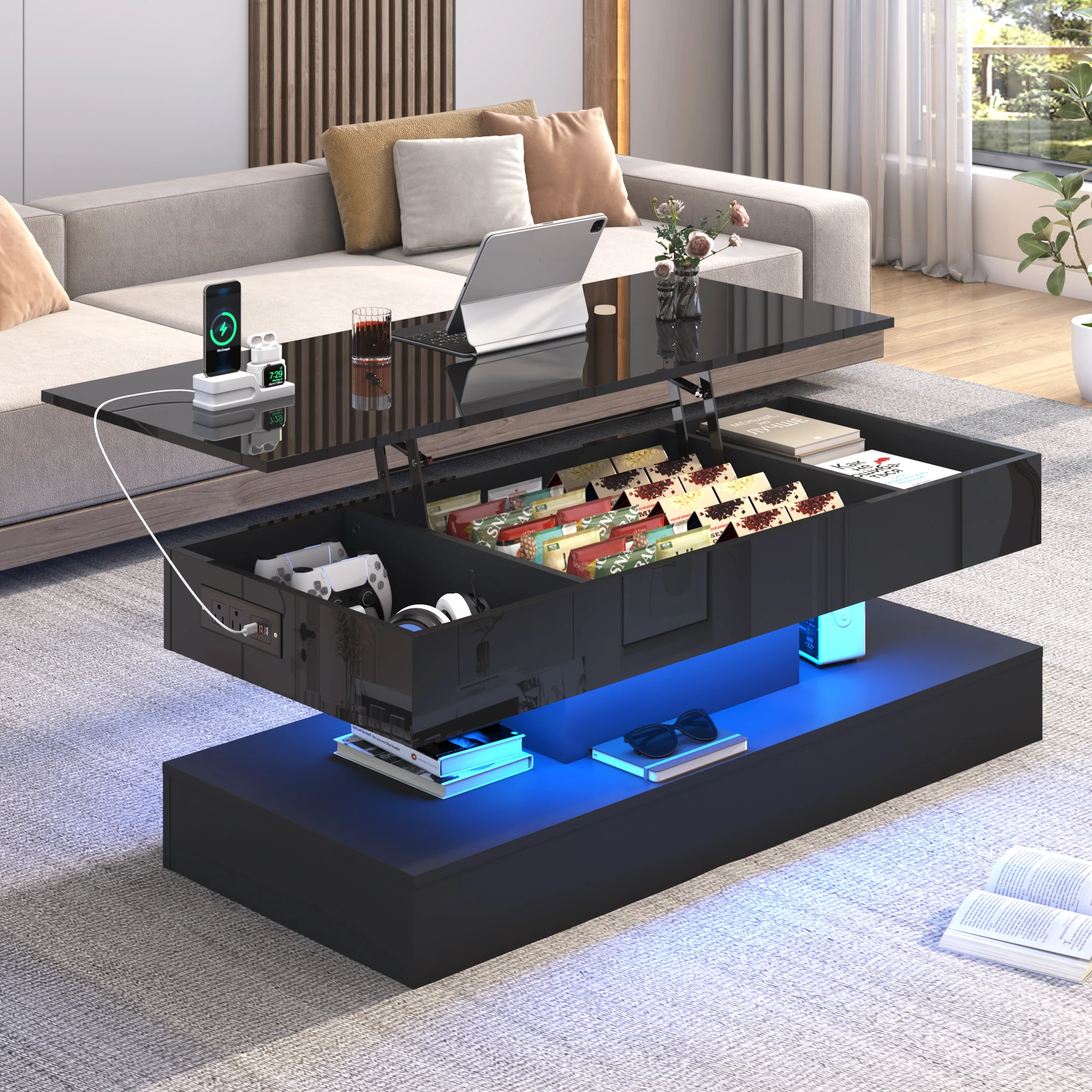 High Glossy LED Coffee Tables for Living Room, Center Table with Open Display Shelf & Large Storage Space, White Coffee Table