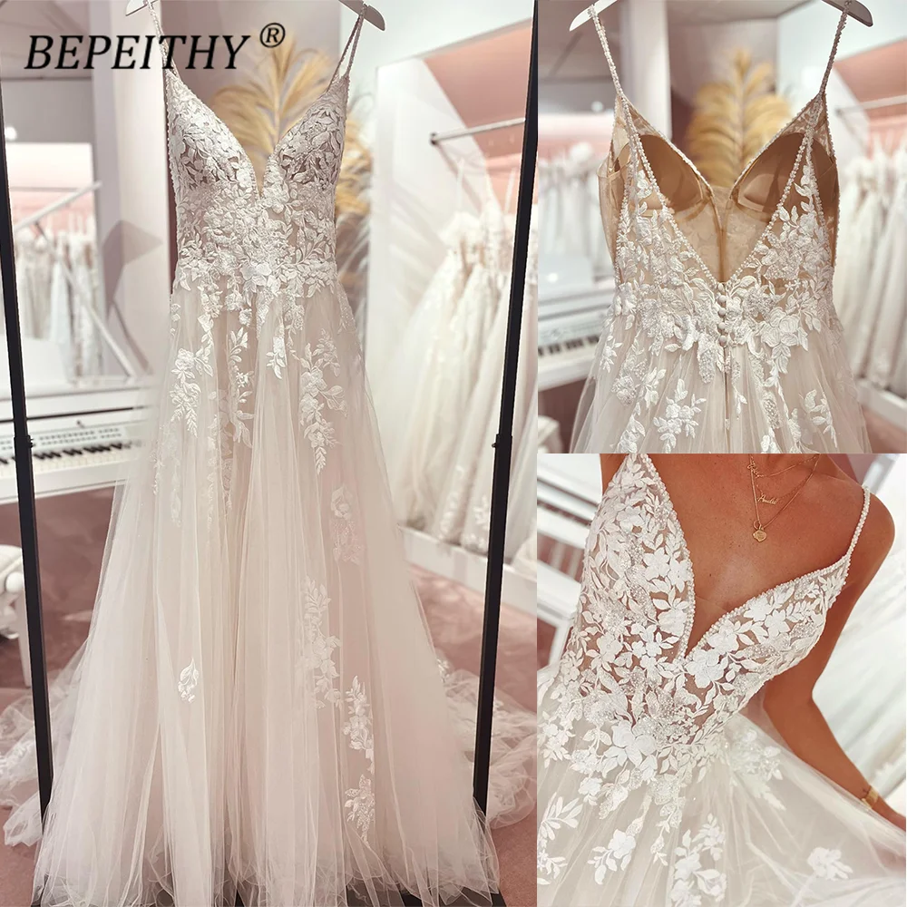 BEPEITHY Customized Princess V Neck Boho Lace Wedding Dresses For Women Bride 2023 Spaghetti Straps Backless Bridal Party Gown