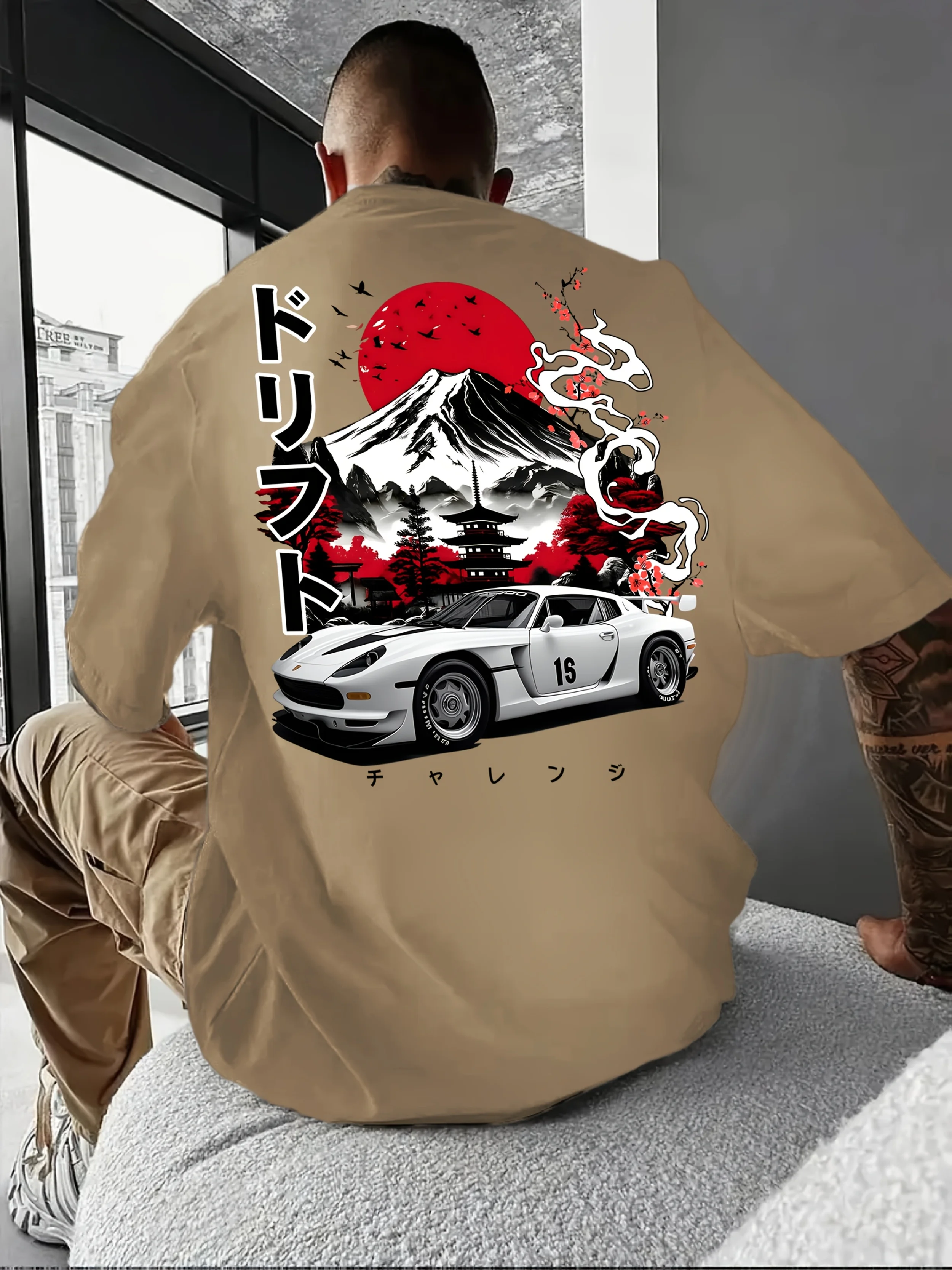 The 2025 summer new men's T-shirt features a Japanese casual and fashionable sports car pattern printed short sleeve