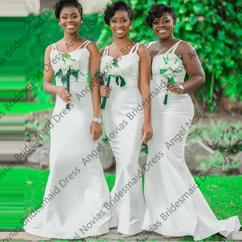 

Long White Mermaid Bridesmaid Dresses with Straps African Girls Wedding Party Maid Of Honor Dress Customized