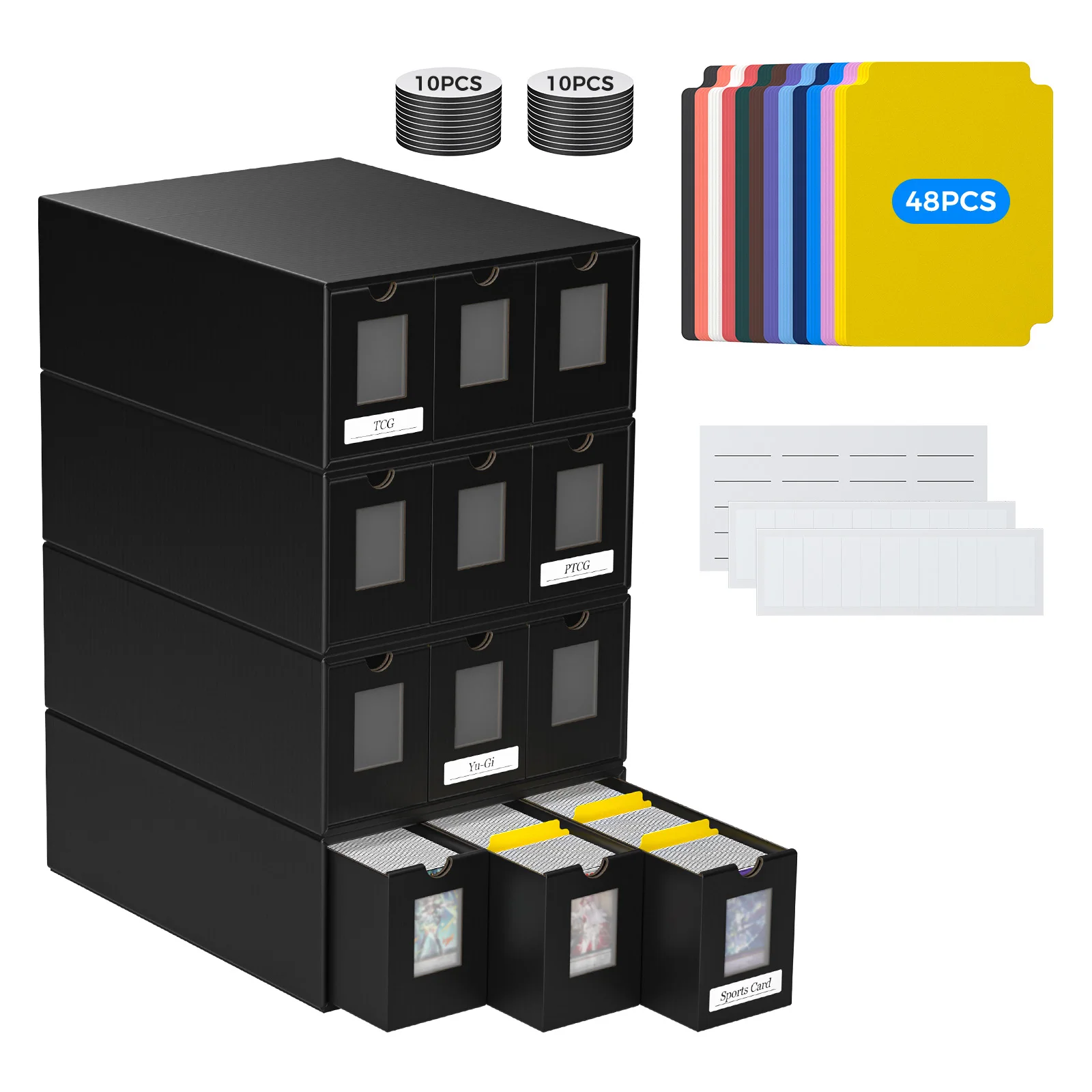 Boîte de rangement pour cartes à collectionner, plus de 12000 cartes, organisateur de cartes avec 48 séparateurs, boîte de cartes TCG, MTG, PTCG avec étiquettes et ruban adhésif