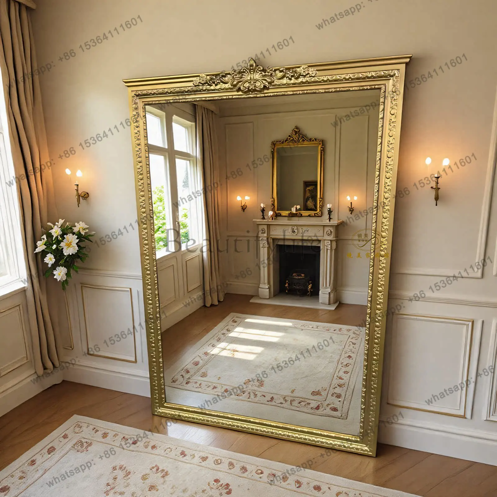 D33 French floor-to-ceiling full-body mirror villa luxury living room decoration carved floor mirror