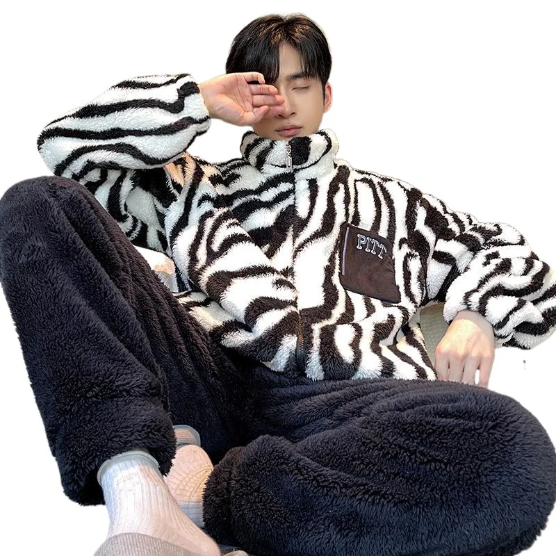 Fall and Winter New Stand-up Collar Zipper Casual Suit Coral Fleece Thickened Warm Loungewear Can Be Worn Outside Men's Pajamas