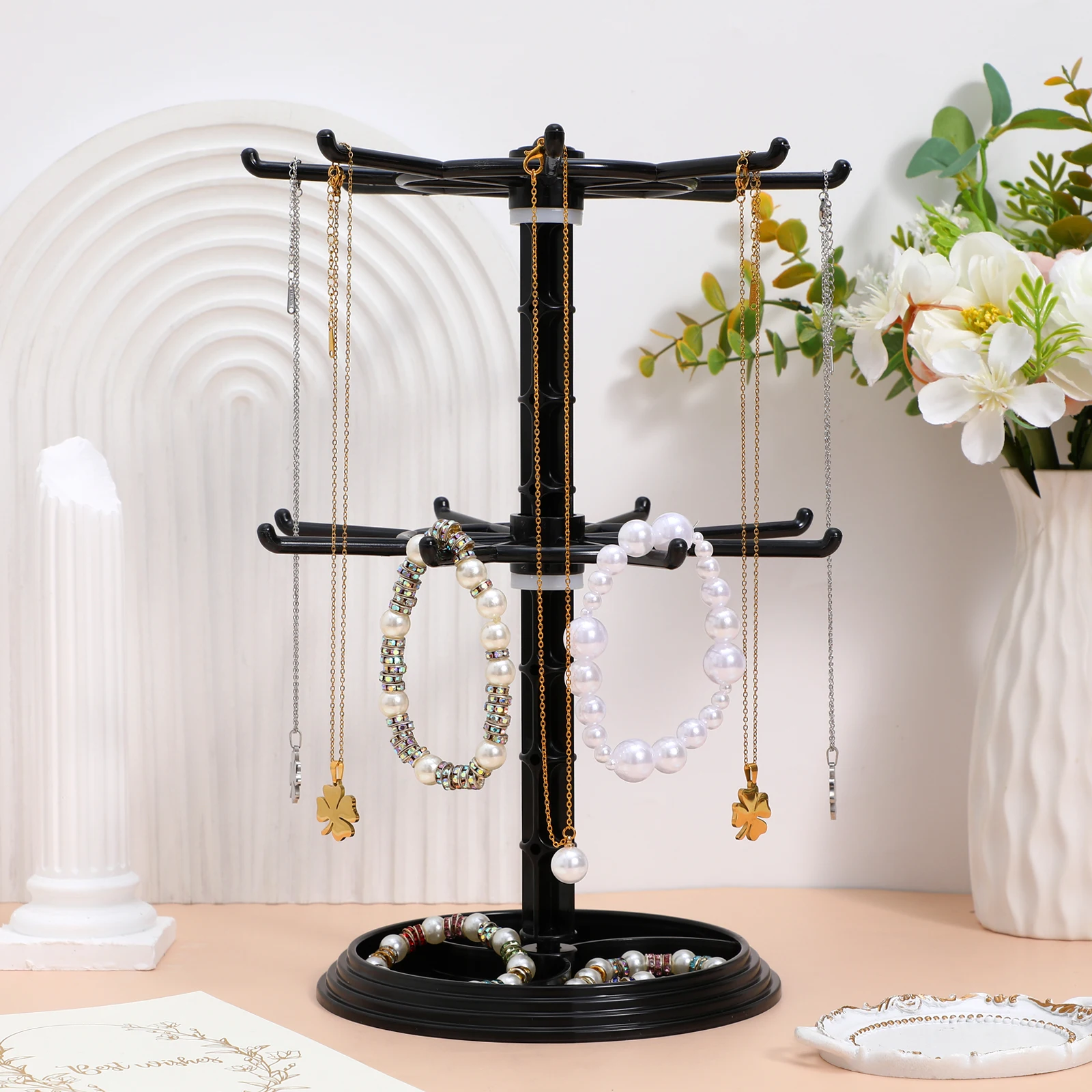 

Hanger Storage Necklace Rack Rotating Jewelry Stand 2 Layers Black Plastic Desktop Organizer for Keys Hair Ties Necklace Small