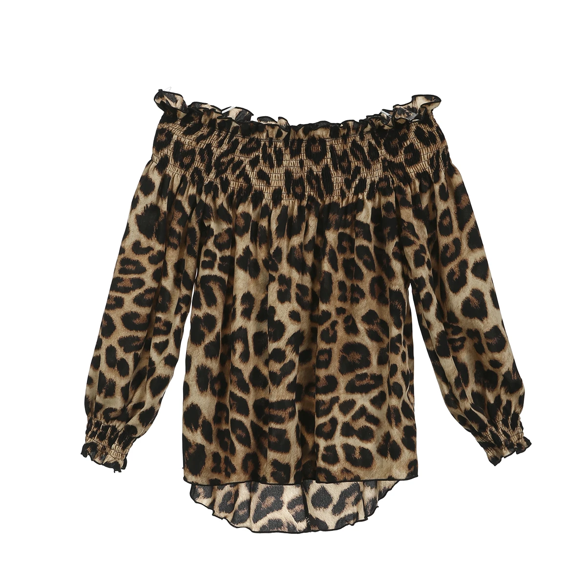 Blusa feminina com estampa leopardo fora do ombro, manga longa, camisa manga lanterna, casual, top solto, sexy