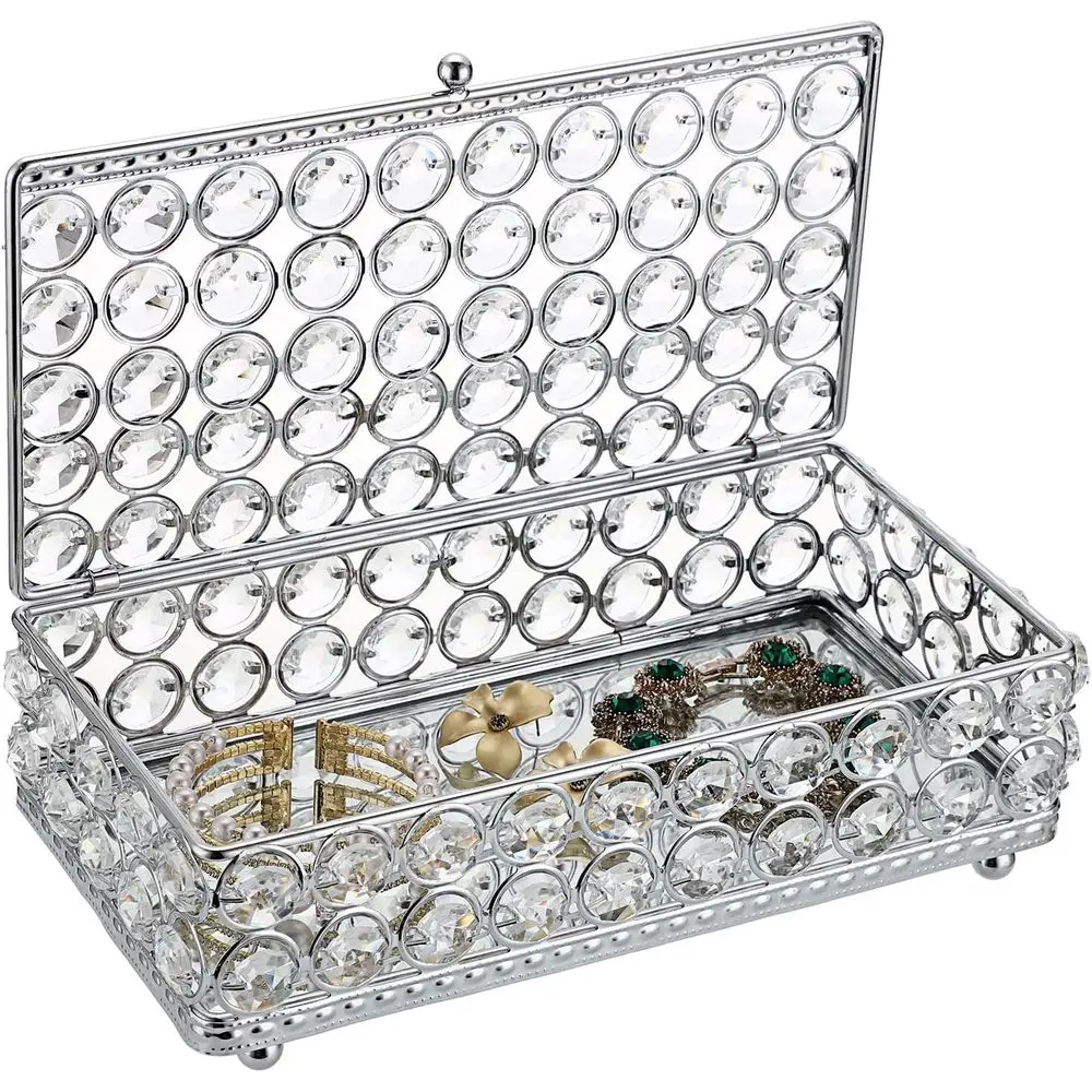 

Прямоугольная шкатулка для драгоценностей с кристаллами для колец и сережек — серебряная декоративная шкатулка для хранения подарков и домашних акцентов