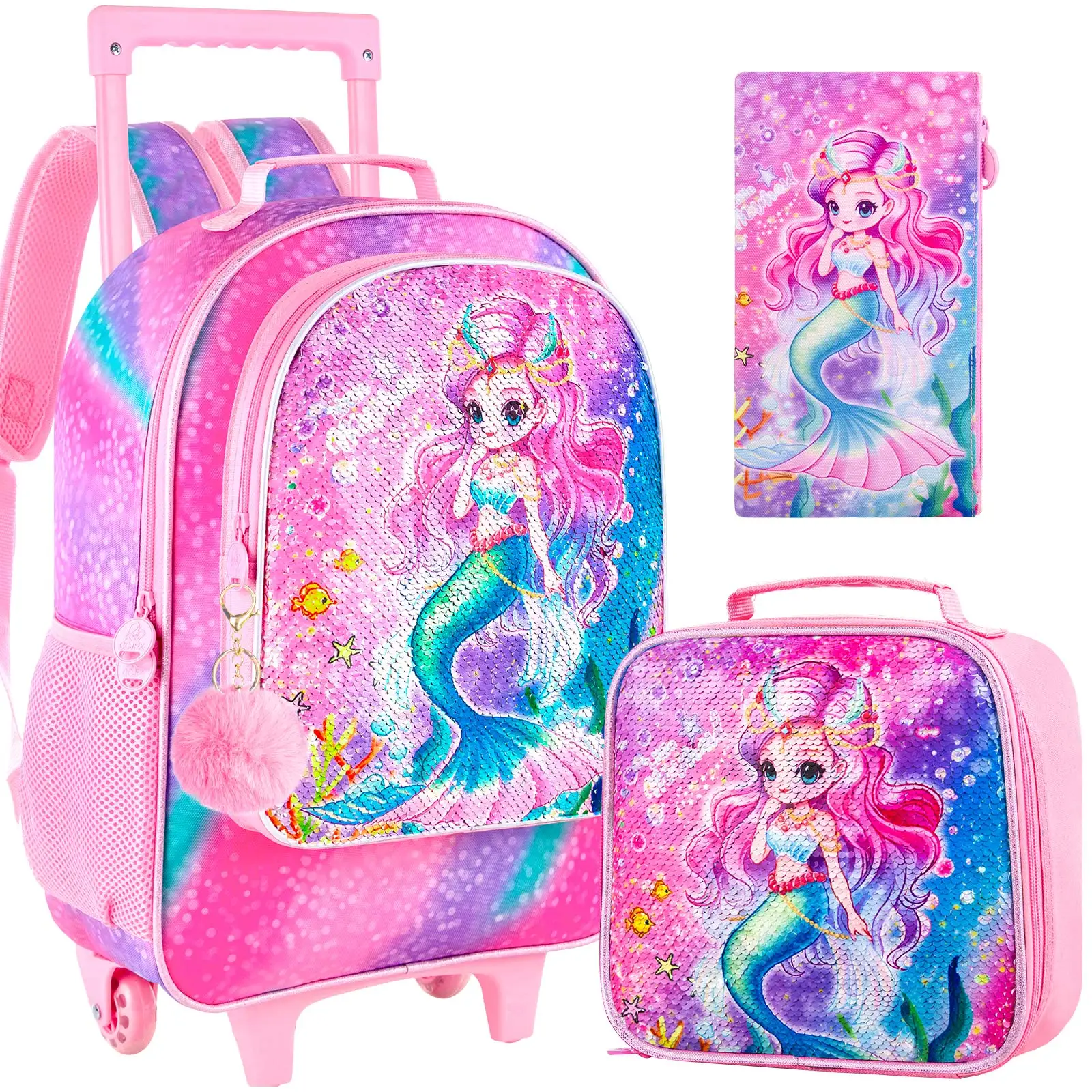 

Girls Rolling Bookbag, Kids Roller School Bag with Lunch Bag, Sequins Wheeled Bookbag for Children - Pink Mermaid