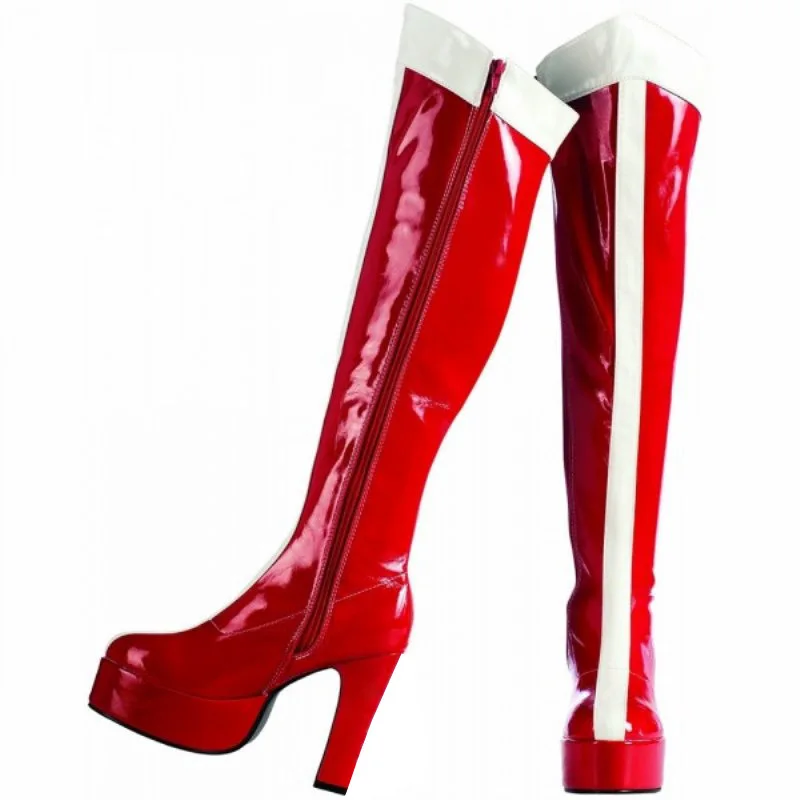 Sexy Platform White Stripe Red Leather Woman Thigh Boots High Heel Irregular Black Red Christmas Festival Cosplay Boots