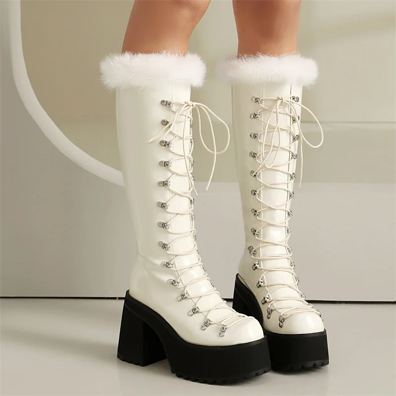 

YMECHIC Punk Warm Cotton Ladies Knee High Long Boots Thick Soled Heels Lace Up Super High Heels Platform Party Women Shoes 2026