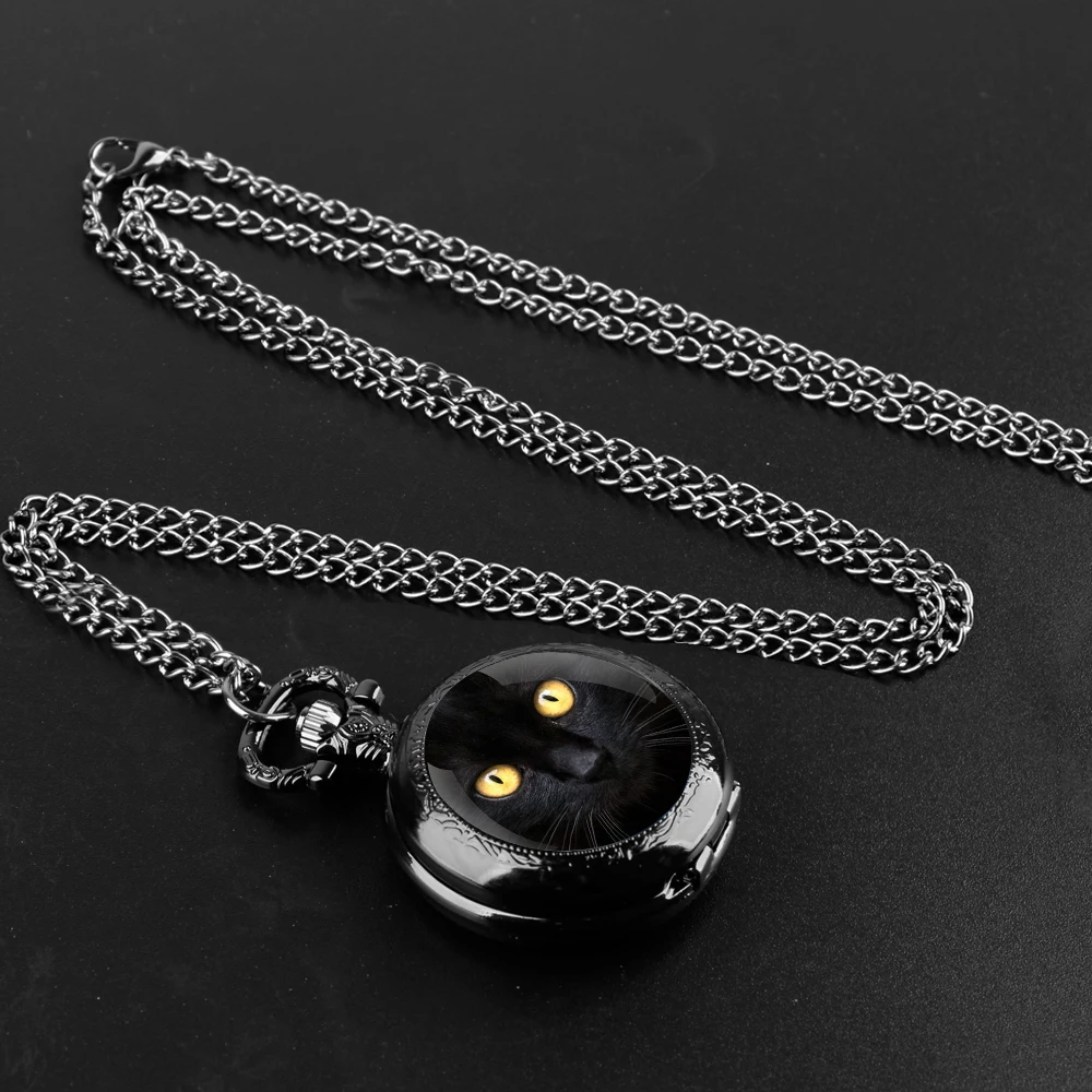 Exquisite Black Cat Glass Dome Quartz Pocket Watch for Women Men Kids Unique Vintage Clock Watches Chain Jewelry Pendant Gift