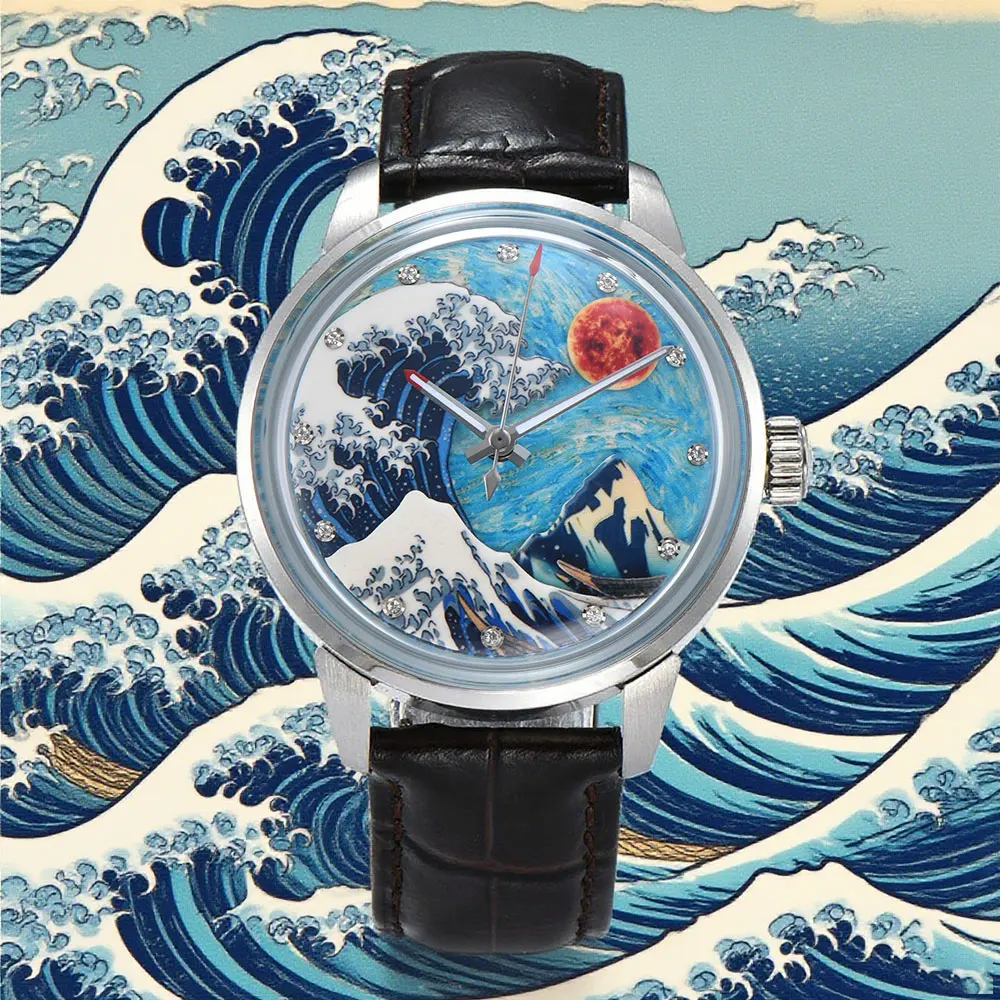 Orologio da uomo personalizzato da 42 mm MIYOTA8215 movimento meccanico automatico Orologio da uomo con quadrante completamente luminoso elemento Kanagawa