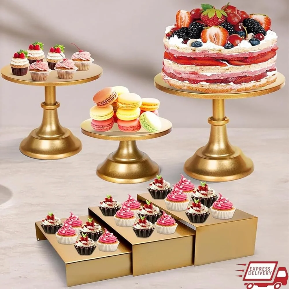 

Gold Cake Stands Gold Cupcake Stand 6Pcs Dessert Table Display Set,3 Size Round Cake Pedestal Stand with 3 Cupcake Risers Stands