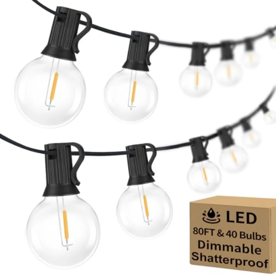 

80Feet Outdoor G40 LED Globe String Lights Dimmable Waterproof Shatterproof Light Strings with 40 Bulbs Connectable Commercial