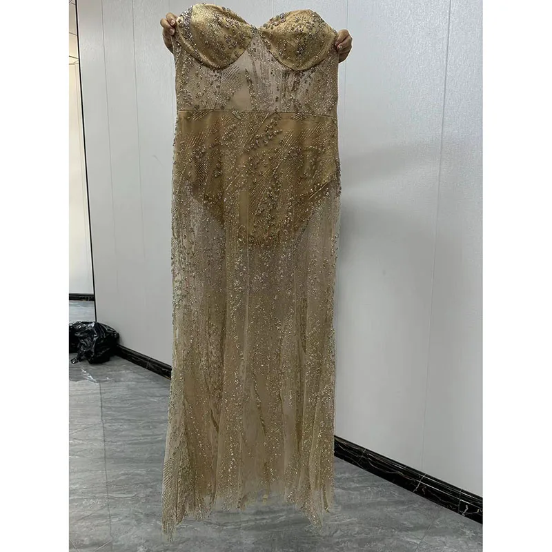 Luxury Gold Evening Dress 2024 Beads Sequined Backless Illusion Sexy Floor-Length Birthday Party Prom Dresses Custom Made