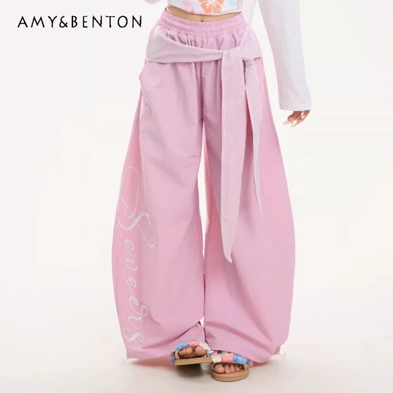 

American Retro Scarf Splicing Pink Women's Trousers 2026 Spring New Sweet Cool High Waist Loose Versatile Floor Pants Ladies