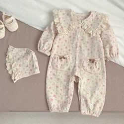 2024 Spring Autumn Korean Baby Girls Bodysuit Cotton Floral Long Sleeve Pocket Infant Girls Rompers Toddler Girls Outfits