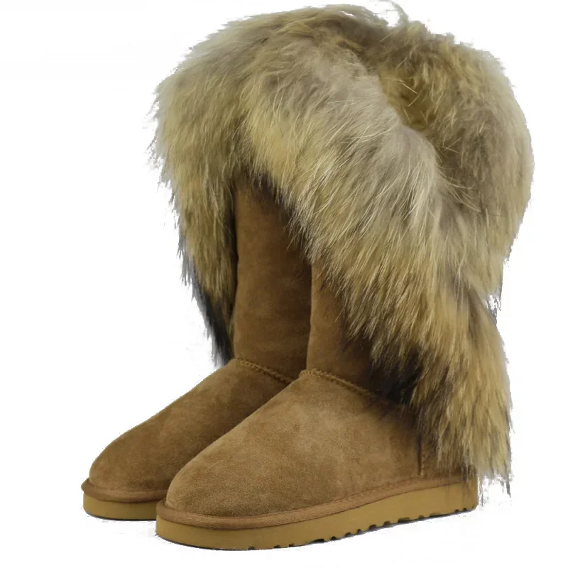 New Fashion Natural Fox Fur Snow Boots Women Warm Non-slip Winter Long Boots Genuine Cow Leather Winter Boots High Shoes