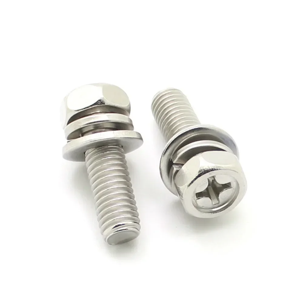 40set M4 M5 M6 Hex Cross Bolt Phillips Head Phillips Hexagon Screws Flat Spring Washers 304 Stainless Steel L=10-50mm 16mm 30mm