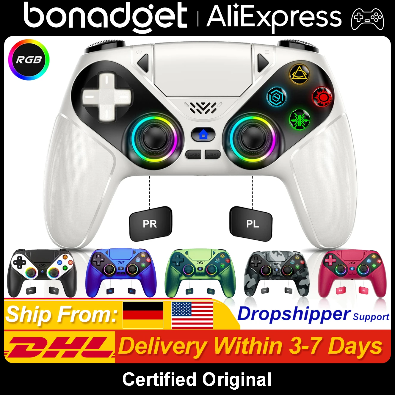 Controller für Playstation 5 PS5/PS5 Pro/Slim/PC, RGB-Funk-Gamepads mit Turbo/Marco, Dual-Shock 6-Achsen-Fernbedienung, Game-Grip