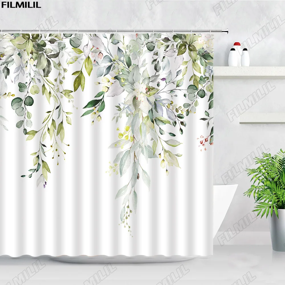 Green Eucalyptus Shower Curtains Watercolor Leaves on The Top Plant with Floral Bathroom Decor Cloth Bath Curtain Set with Hooks