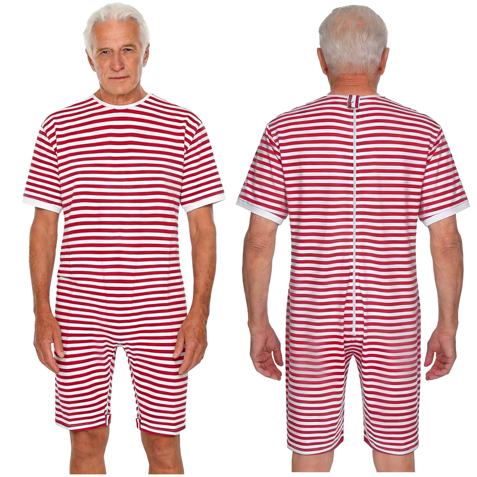 Men Adaptive Caring Nursing Clothes Anti-strip Zipper Short Jumpsuit for Elderly Special Needs Short Sleeve Striped Bodysuit
