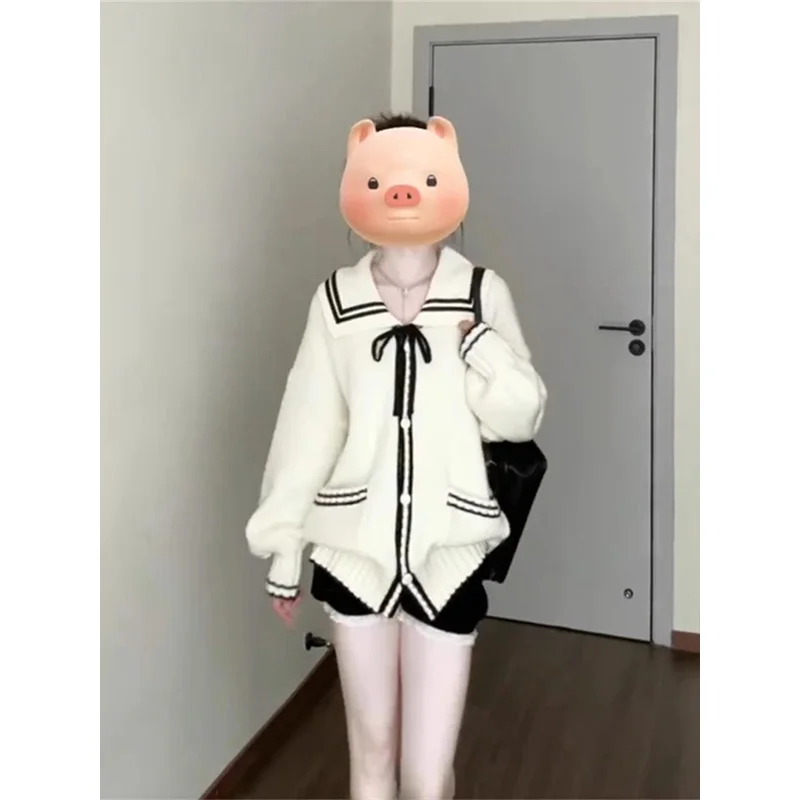 Lose Strickjacke frauen Sle Koreanische Navy Kragen Pullover Mantel mit Knoten Herbst Winter Abnehmen Farbe Blo Top