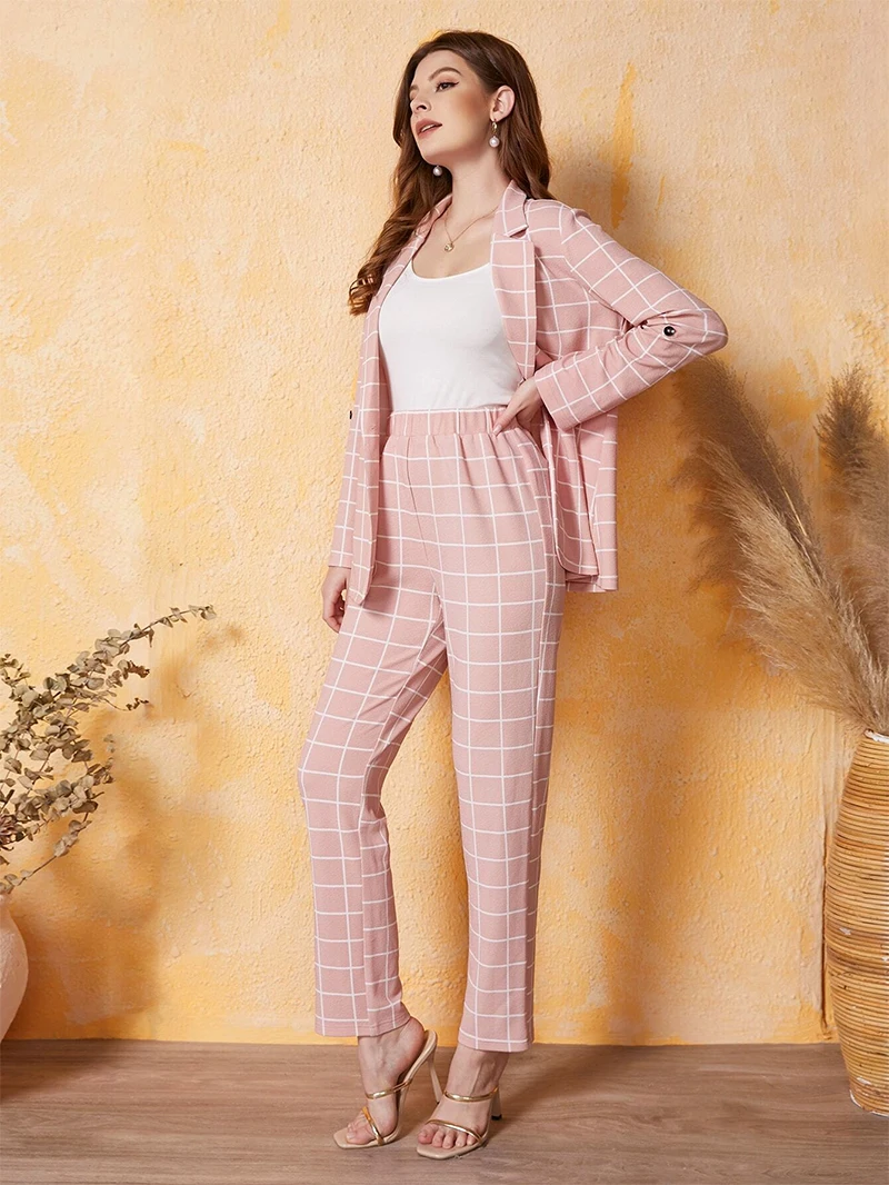 Spring Fashion Pink Check Women Pants Suits For Wedding Mother of the Bride Suit Evening Party Blazer Guest Wear 2 Pieces