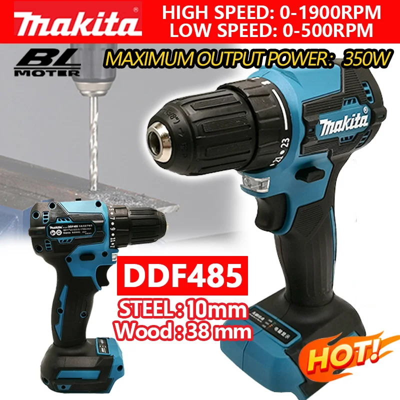 Makita-destornillador inalámbrico compacto, taladro eléctrico recargable sin escobillas, 18V, DDF485, 10MM, para batería Makita de 18V