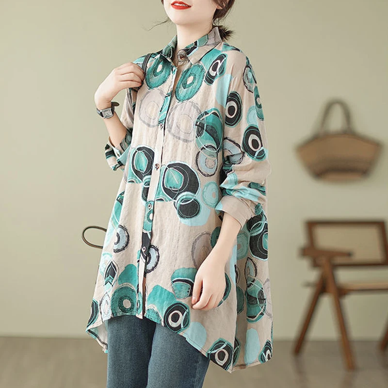 Women\'s Clothing Fashion Print Oversized Irregular Cotton Linen Shirt Vintage Chic Tunic Blouse Autumn Casual Long Sleeve Tops