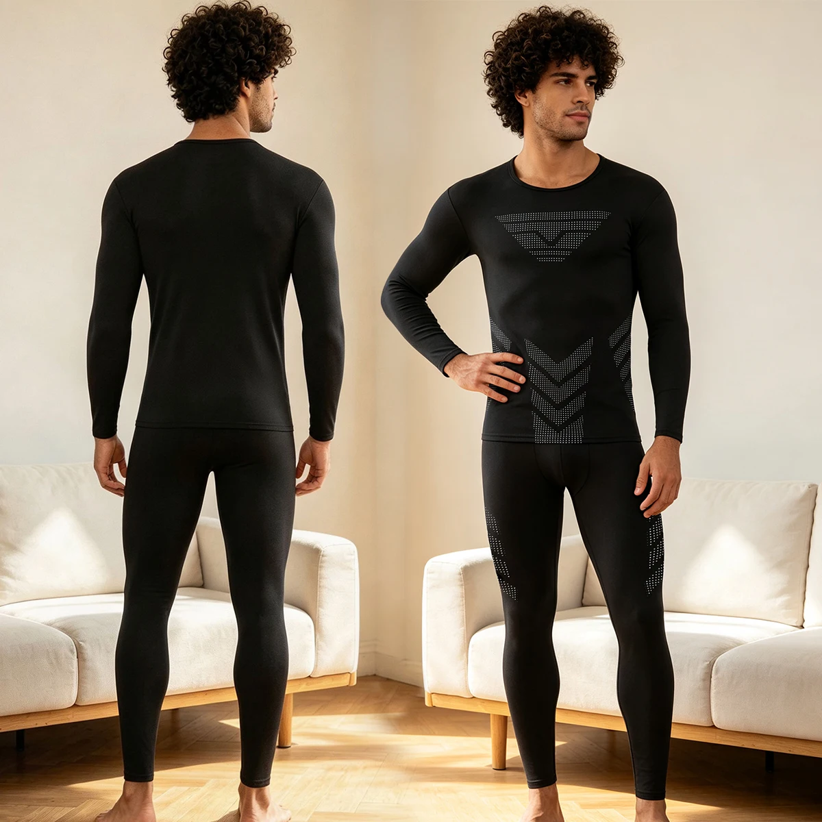 2-piece Autumn/Winter Men's Casual Sports Warm Underwear Set Round Neck Printed Cycling Long Sleeve T-shirt Elastic Waist Pants