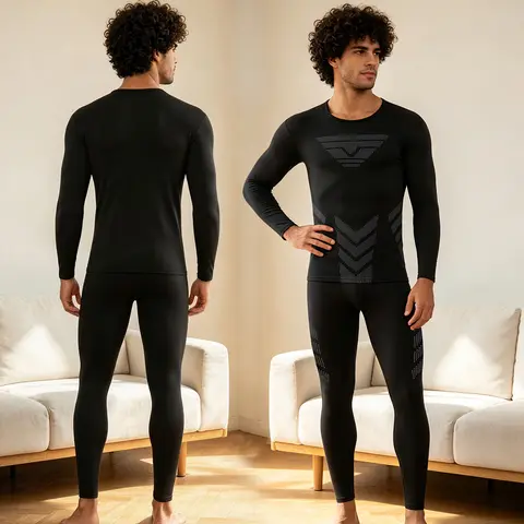 2-piece Autumn/Winter Men's Casual Sports Warm Underwear Set Round Neck Printed Cycling Long Sleeve T-shirt Elastic Waist Pants