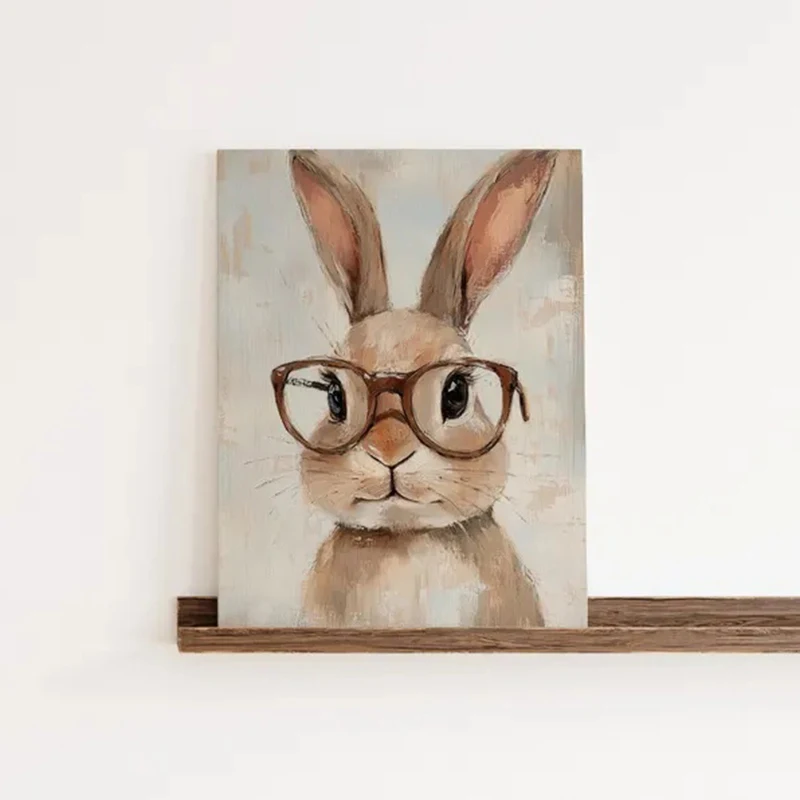 メガネをかけたかわいいイースターバニーのプリント、イースタープリント、イースターアートワーク、春の装飾、イースターアート、フレームレスキャンバスポスターウォールアート