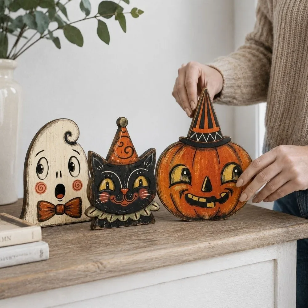 Cartoon Halloween Wooden Tabletop Sign Farmhouse Style Double Sided Pattern Ghost Pumpkin Owl Ornaments Hand Painted Integrated