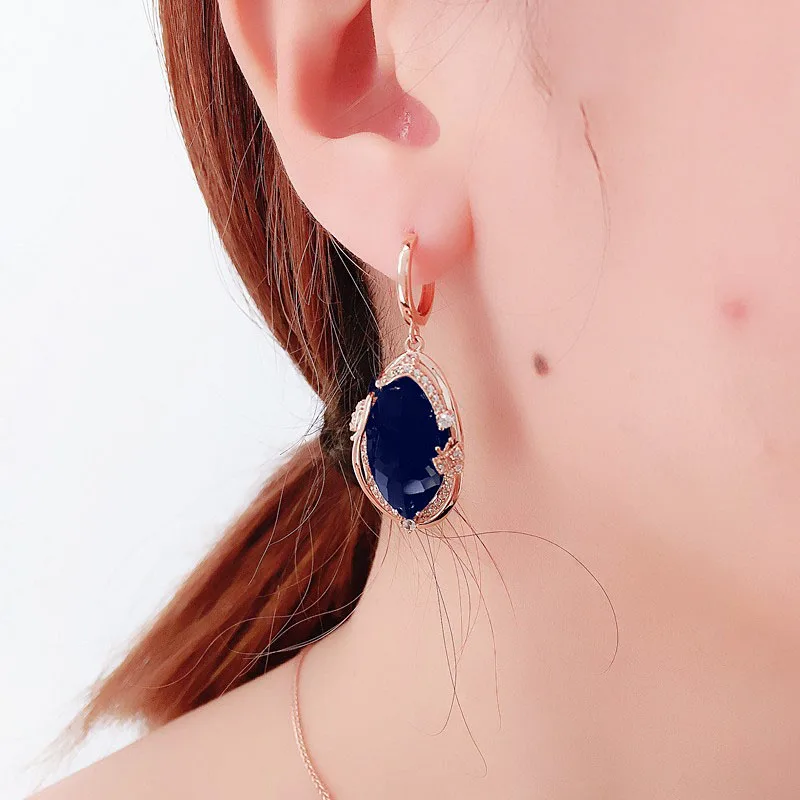 585 Purple Gold Shining Luxury Inlaid Blue Gem Geometric earrings for women Plated 14K Rose Gold Butterfly Drop Earings Jewelry