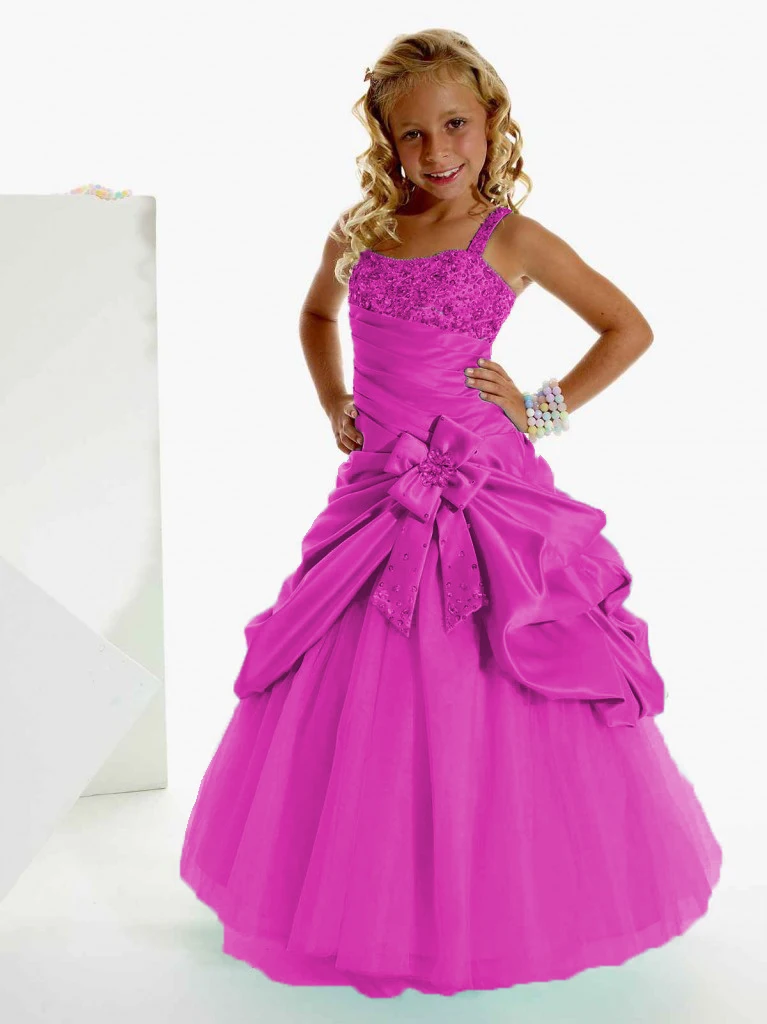 Girls A-Line Princess Pageant Dress Spaghetti Straps Sleeveless Beading Long Satin Flower Girl Dresses For Wedding Party