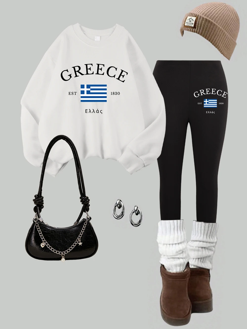 2 Piece Womens Greece Flag Est 1830 Prints Sweatshirts Leggings Set Street Warm Fleece Hoodie Pants Autumn Winter Womans Clothes