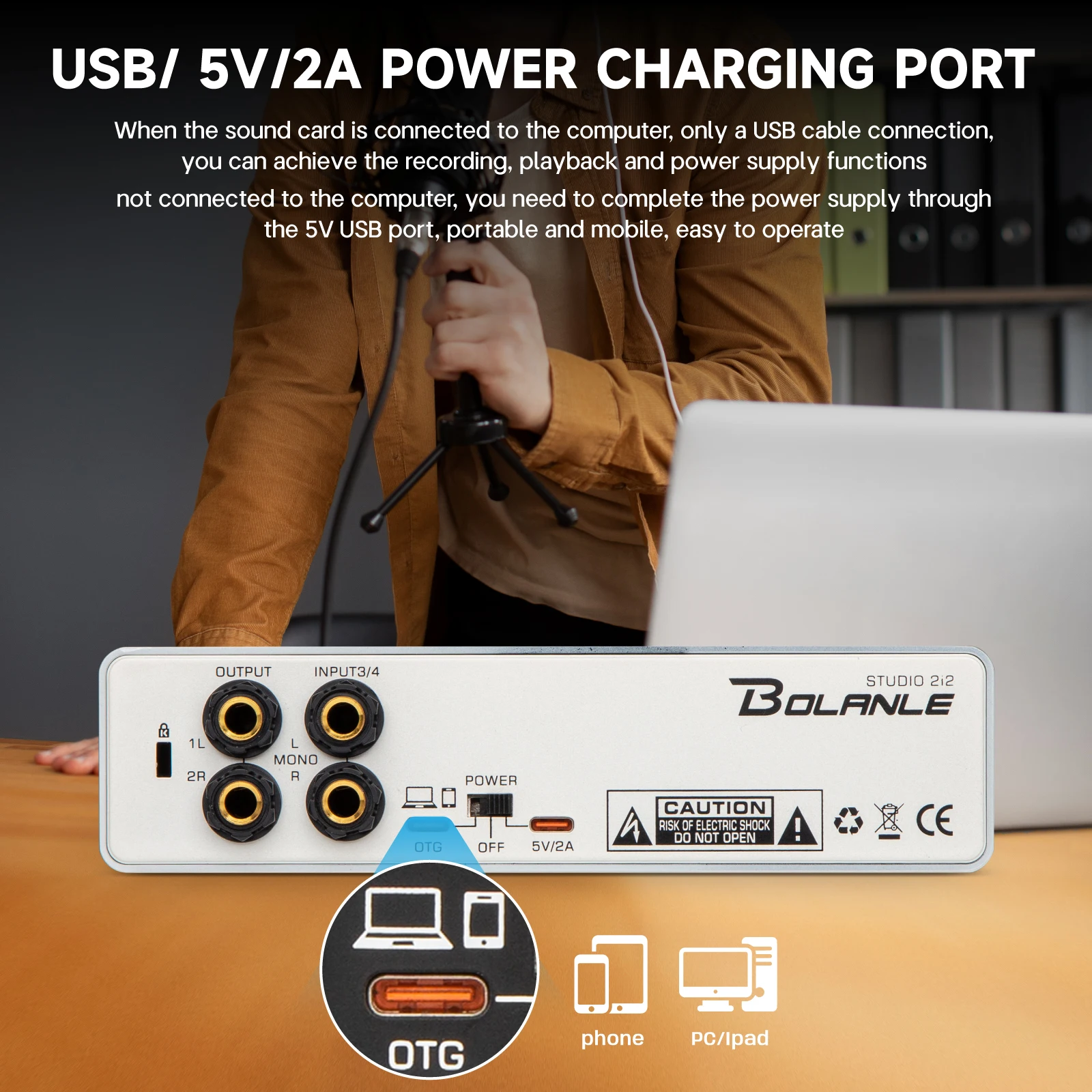 Bolanle 2i2 USB واجهة الصوت ستيريو تسجيل 24Bit/192 كيلو هرتز 48 فولت قابس طاقة وتشغيل البودكاست/الصوت/الجيتار/يوتيوب، PC/Mac/iOS