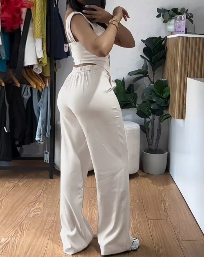 Athleisure Two Piece Set Women Outfit 2025 Spring Thick Strap Button Front Slim Fit Tank Top High Waist Wide Leg Pants Set