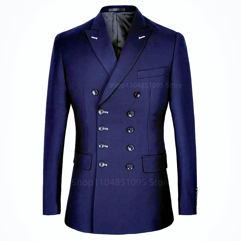 

Spring Autumn Navy Blue Double-breasted Elegant Men's Suit Jacket Blazer Fashion Comfortable Business Coat Party Prom Jacket